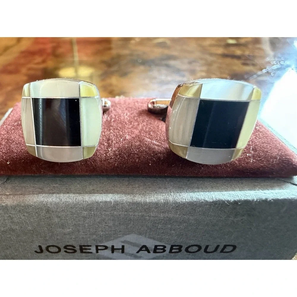 VTG Joseph Abboud Cufflinks Onyx Mother of Pearl Inlay Silver Tone Grid W/ Box
